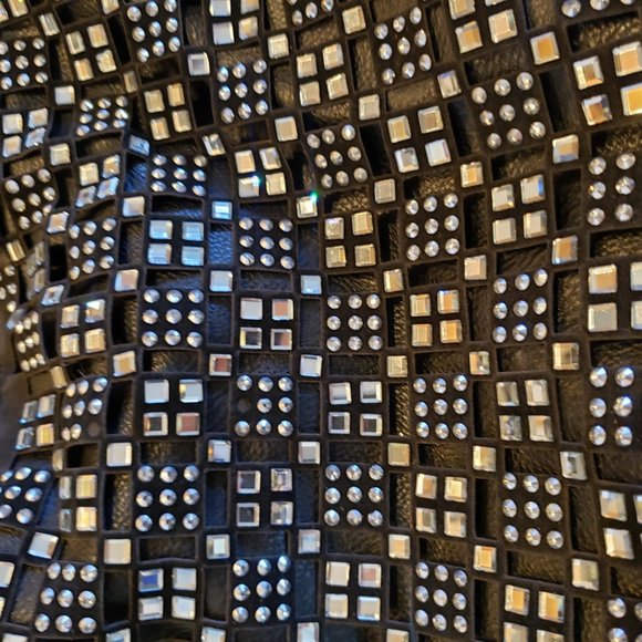 Black Leather Purse With Rhinestone Accents, Geometric Pattern - Picture 2 of 9